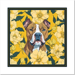 Pitbull and flowers, dog, seamless print, style vector (yellow flowers & pitbull) Posters and Art